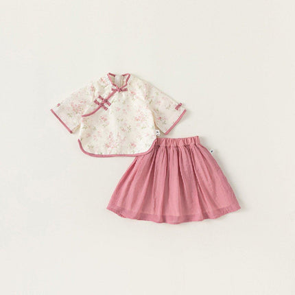 New Chinese Hanfu Girls Floral Two-Piece Pink Cheongsam Half-Skirt Outfit