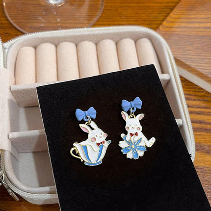 Cartoon Rabbit Earrings with Blue Bow Irregular Shape Cute Fashion Jewelry