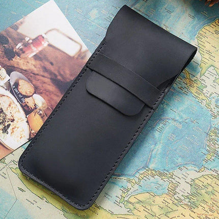 2PCS Vintage Handmade Genuine Leather Pencil Case Set Cowhide Protective Holder