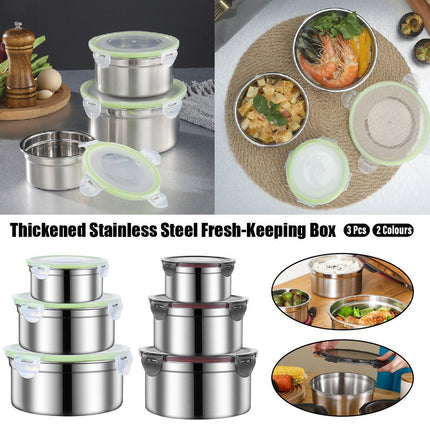 3PCS Stainless Steel Sealed Crisper Storage Box with Lid Round Food Lunch Box