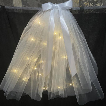 Bow Flower Girl Children Kids Hair Head Veil pearl with Lamp Flashing Wedding - Aimall