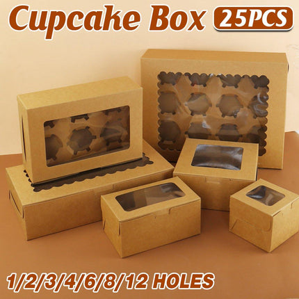 25Pcs Paper Cupcake Box with Window for Party Wedding Bakery Gift Packaging