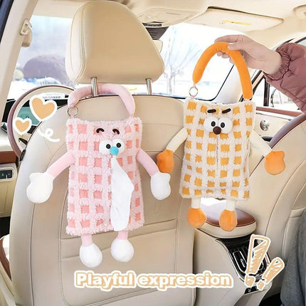 Plush Car Tissue Box Striped Plaid Seatback Hanging Tissue Holder Drawer Design