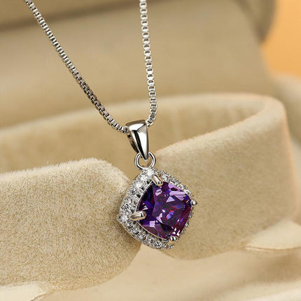 Fashion 925 Sterling Silver Stunning Square Cubic Zircon Pendant Necklace Chain - Aimall