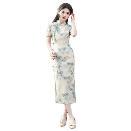 Long Cheongsam Chinese Style Slim Fit Eight Buttons Ink Painting Dress Colourful