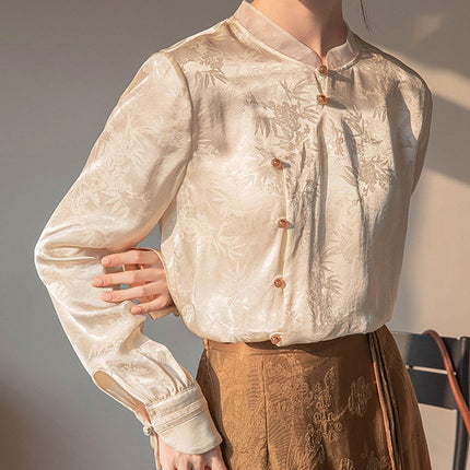 New Chinese Style Womens Top Stand-up Collar Long Sleeve Elegant Fashion Shirt