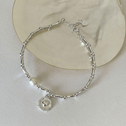 S925 Silver Handmade Bamboo Link Heart and Pearl Pendant Bracelet INS Style Jewelry
