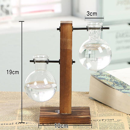 Wooden Stand Glass Flower Vase Hydroponic Hanging Plant Terrarium Container - Aimall