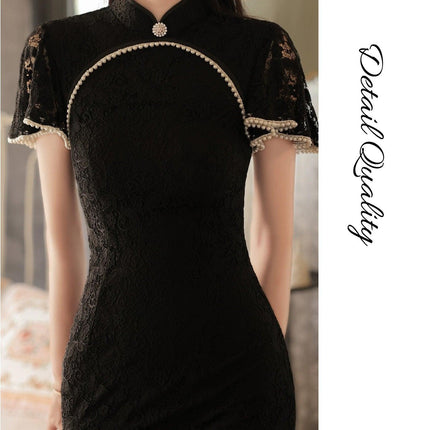 Mid-Length Lace Cheongsam Dress Retro Improved Slim-Fit Chinese Qipao Gown