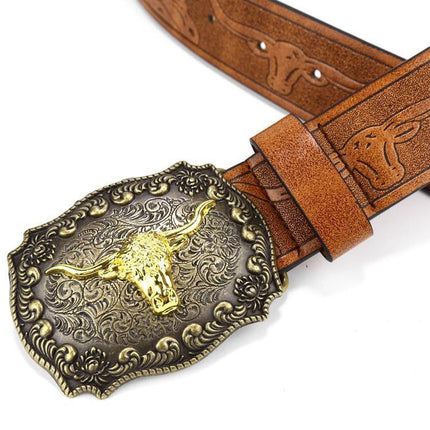 Retro Punk Belt with Cow Head Large Plate Buckle Trendy Western Waist Strap
