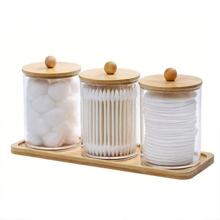 3pcs/set Cotton Swab Holder with Vanity Tray Clear Apothecary Jar Wood Lids
