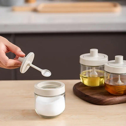 3PCS Glass Seasoning Jar with Spoon Lid Kitchen Salt Spice Storage Box Organizer