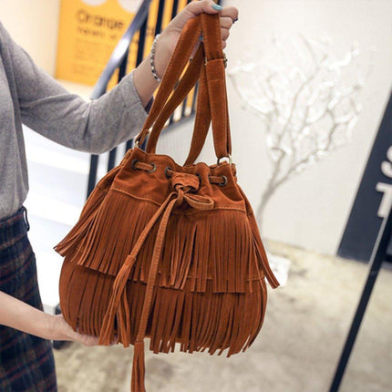 Brown Soft Velvet Tassel Womens Drawstring Shoulder Crossbody Bag for Fashion