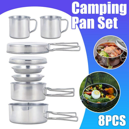 8PCS Camping Cookware Stainless Steel Outdoor Picnic Pot Cook Pan Set Hiking BBQ - Aimall