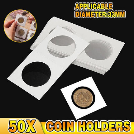 50x 33mm CARDBOARD COIN HOLDERS Staple Coin Holder Display Clear Window Folder - Aimall