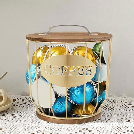 Iron Wood Coffee Capsule Storage Basket Decor Organizer for Kitchen Living Room