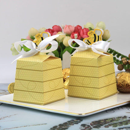 50PCS Bee Party Candy Box Chocolate Box with Ribbon Yellow Gift Boxes