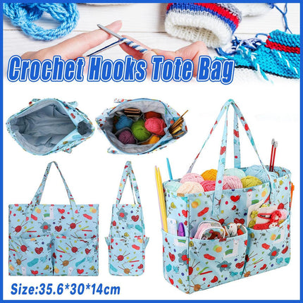 Crochet Yarn Storage Bag Blue Oxford Fabric Knitting Organizer Tote for Crafts