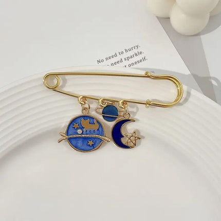 Cartoon Metal Brooch Cute Cat Swinging With Planet Moon Pendant Brooch Pin - Aimall