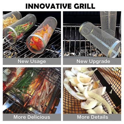2pcs BBQ Basket Round Grill Cage Portable Rotating Net for Outdoor Cooking