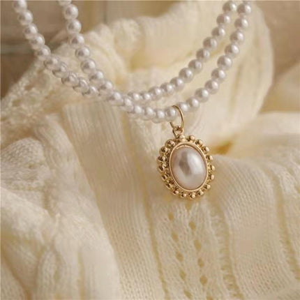 Retro Double Layer Women Necklace Pendant Necklace Clavicle Chain Pearl Choker - Aimall