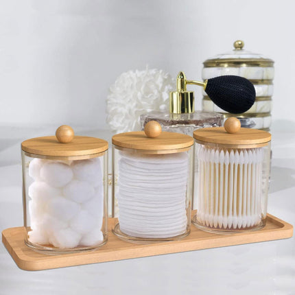3pcs/set Cotton Swab Holder with Vanity Tray Clear Apothecary Jar Wood Lids