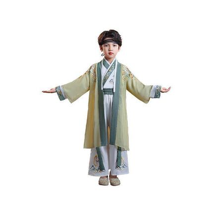 Kids Boys Hanfu Suit Top and Pants Embroidered Lace Up Bag Tassel Chinese Style - Aimall
