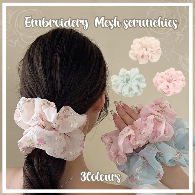 Flower Embroidery Mesh scrunchies Women romantic Cream Chiffon Hair Ponytail - Aimall