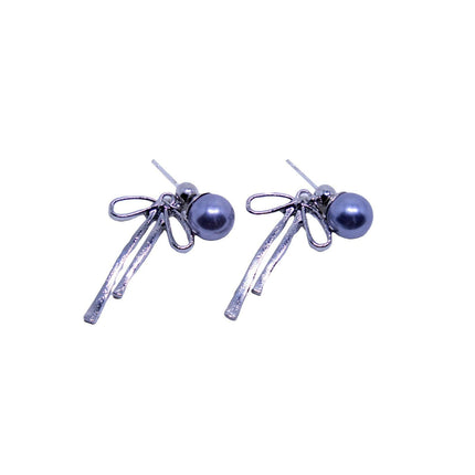 Grey Pearl Ribbon Long Tassel Earrings Elegant Fashion Jewelry for Women Gift