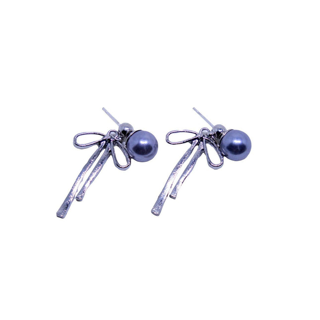 Grey Pearl Ribbon Long Tassel Earrings Elegant Fashion Jewelry for Women Gift