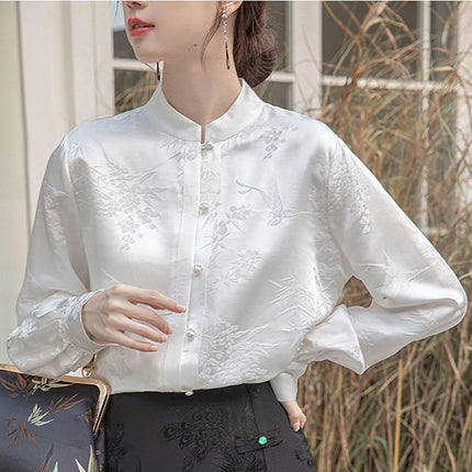New Spring White Chinese Style Womens Top with Stand Collar Elegant Shirt