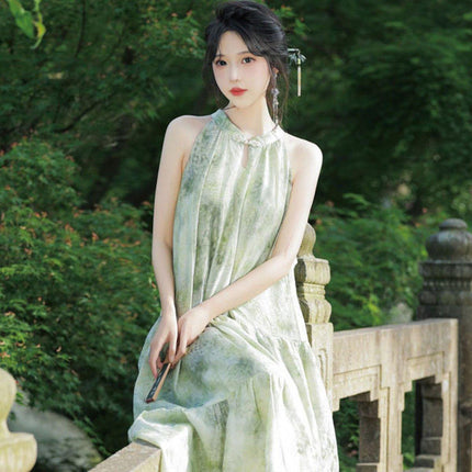 Women Chinese Style Green Halter Neck Long Dress Elegant Evening Gown