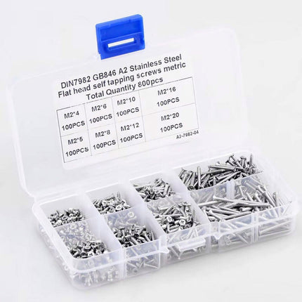 800Pcs M2 Kit Assorted  Self Tapping Screw Cross Flat Head