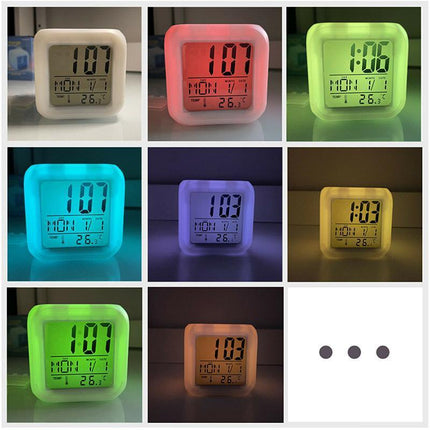 7 Colours Changing Digital Clock Temperature Light Cube Desk Kids Wake Up Alarm - Aimall