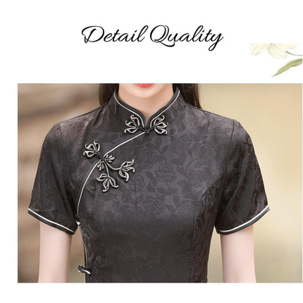 Black Cheongsam Chinese Traditional Above-Knee Dress Split Slim Standing Collar