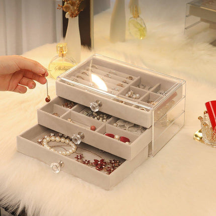 Three Layer Flannel Jewelry Storage Box Dustproof Drawer Organizer for Earrings