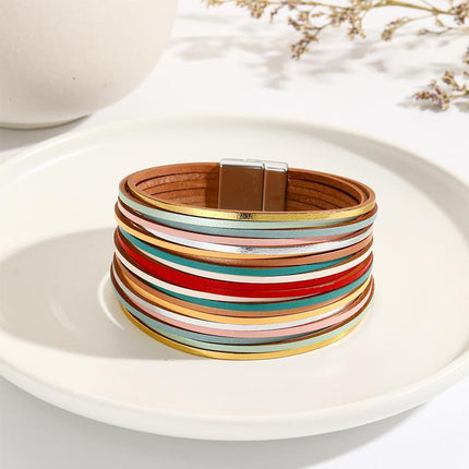 Multiple Gradient Leather Wristband Bracelet Bangle Magnetic Clasp Bracelet - Aimall