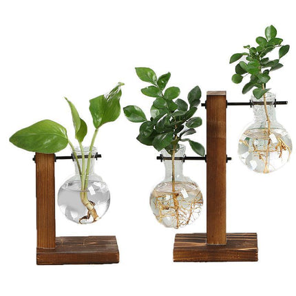 Wooden Stand Glass Flower Vase Hydroponic Hanging Plant Terrarium Container - Aimall