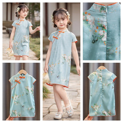 Girls Short-Sleeved Cheongsam Dress Chinese Style Retro Hanfu Summer Outfit