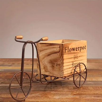 Retro Iron Bicycle Ornament with Wooden Flower Pot Green Plant Holder Decor