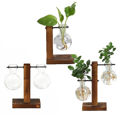 Wooden Stand Glass Flower Vase Hydroponic Hanging Plant Terrarium Container - Aimall