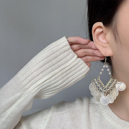 Shell Tassel Earrings Court Style Geometric Scalloped Design Fashion Jewelry