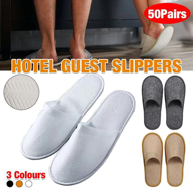 50 Pairs SPA Hotel Guest Slippers Closed Toe Disposable Terry Style Linen - Aimall