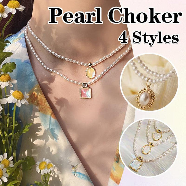 Retro Double Layer Women Necklace Pendant Necklace Clavicle Chain Pearl Choker - Aimall