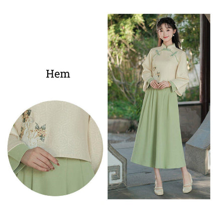 New Chinese Embroidery Green Hanfu Two-Piece Set Autumn Winter Coil Buckle Daily