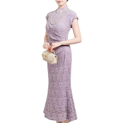 New Chinese Purple Cheongsam Dress Summer Modified Fishtail Dress for Women