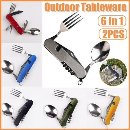 2X 6 in 1 Pocket Hiking Set Tool Fork Spoon Utensil Folding Camping Knife Travel