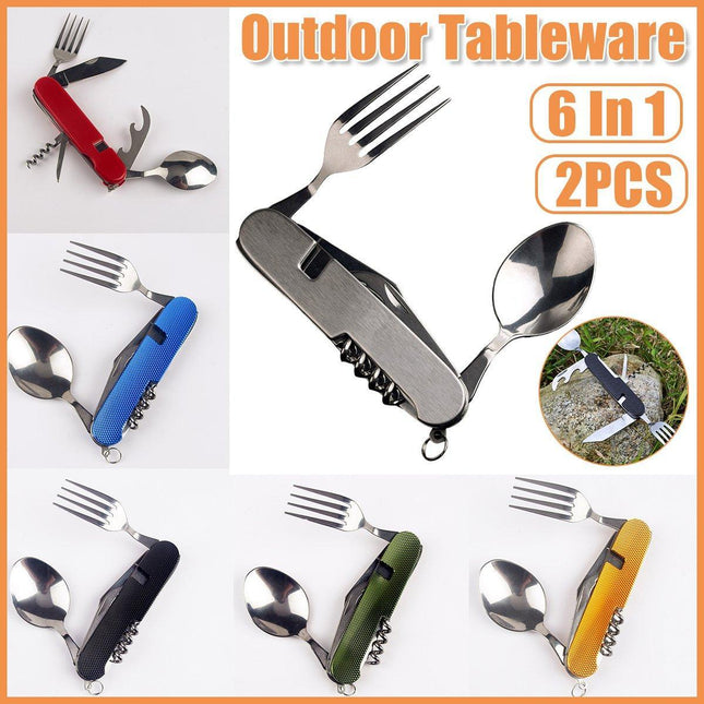2X 6 in 1 Pocket Hiking Set Tool Fork Spoon Utensil Folding Camping Knife Travel