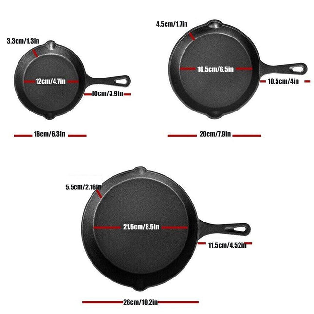 3X Non-stick Frying Pan Cast Iron Steak Skillet Round BBQ Grill Cookware Kitchen