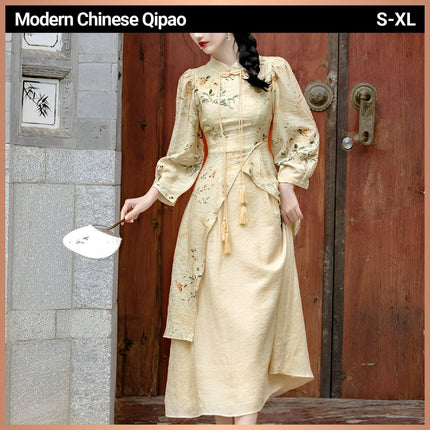 Women's Long Sleeve Cheongsam Vintage New Chinese Style Improved Long Dress - Aimall